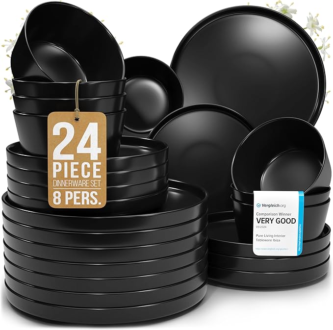 Matte Black Dinnerware Set - Ultra Chic Stoneware for 8-24pcs Plate Set - Dishwasher and Microwave Safe - Ceramic Plates and Bowls-Ruum Studio Home
