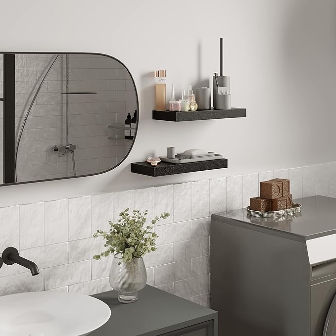 BAMEOS Floating Shelves, Black Wall Mounted Wooden Shelves with Invisible Brackets Set of 2, Hanging Wall Shelves Decoration for Bedroom, Bathroom, Living Room and Kitchen-Ruum Studio Home