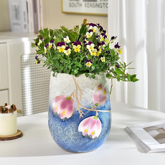 Sungmor 10.6 Inch Ceramic Succulent Plant Pot with Drainage Hole, Hand Painted Flower Pots for Plants, Unique Texture Decorative Planter for Indoor and Outdoor, Pottery Vase for Home Office Decor-Ruum Studio Home