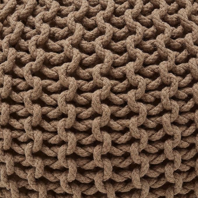 Ornavo Home Pouf Ottoman Foot Rest - 100% Cotton Pouffe - Hand Knitted Cable Braid Cord - Boho Round Stuffed Ottoman for Living Room, Bedroom - Taupe/Brown-Ruum Studio Home