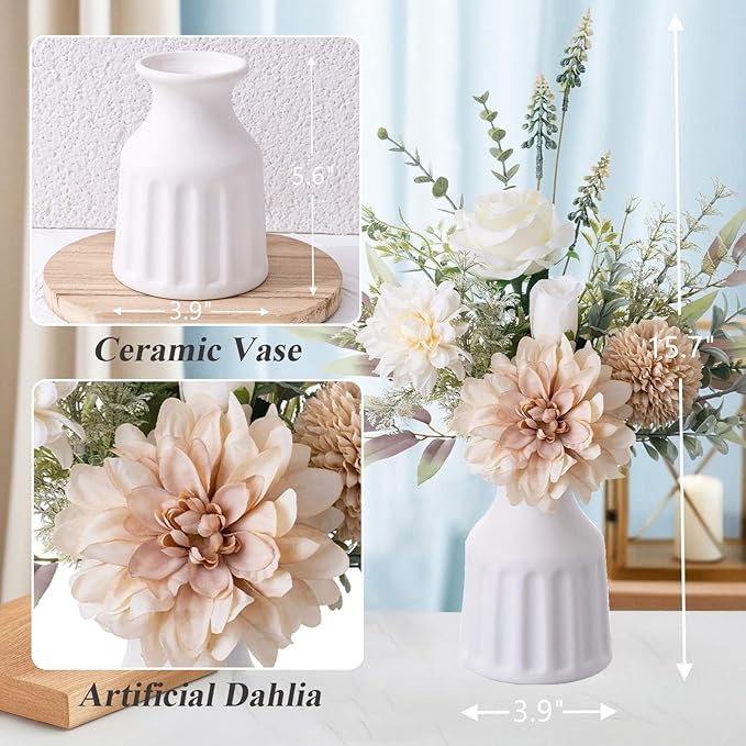 Fake Flowers in Vase, Artificial Flowers with Vase, 15.7'' Floral Arrangements for Dining Table Centerpiece Decor, Silk Roses & Faux Dahlia Bouquet for Farmfouse Kitchen Coffee Table Decor (White)-Ruum Studio Home