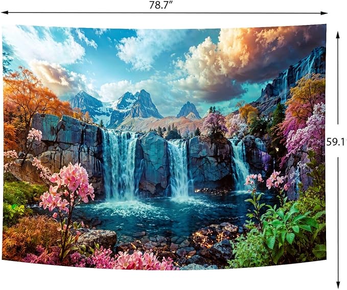 Delur Waterfall Tapestry Tropical Forest Mountain Sunset Tree Wall Hanging Tapestry Scenic Rainforest Landscape Nature Sunrise Headboard for Bedroom Living Room Home Decor (59.1" x 78.7")-Ruum Studio Home