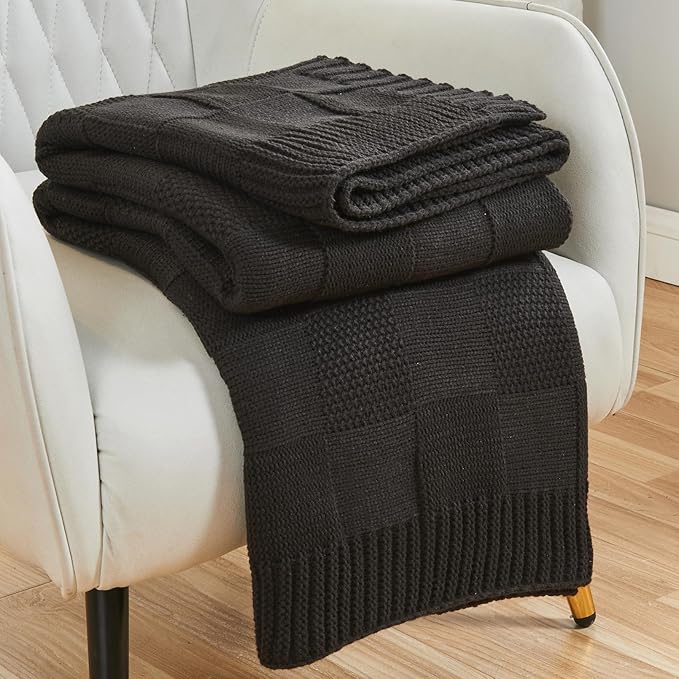 CozeCube Check Knit Throw Blanket, Jet Black Checkered Throw for Couch, Decorative Christmas Soft Cozy Warm Knitted Blanket for Bed Sofa Living Room, 60"X80"-Ruum Studio Home