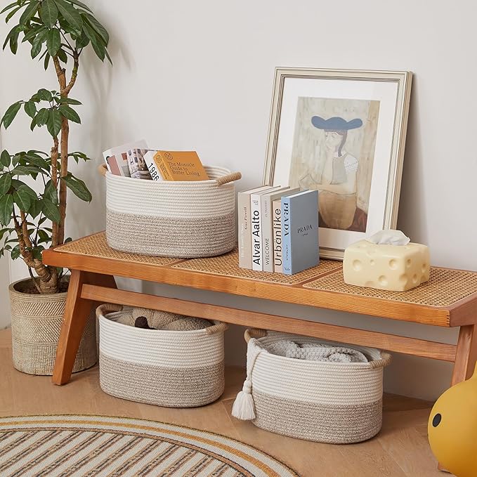 Storage Baskets for Organizing | 15"x10.2"x9.1" - 1 Pack Nursery Bin with Handles - Woven Cotton Rope Baskets for Dog Toys, Books, Shelf, Bathroom,Closet -Stylish Storage | White & Beige-Ruum Studio Home