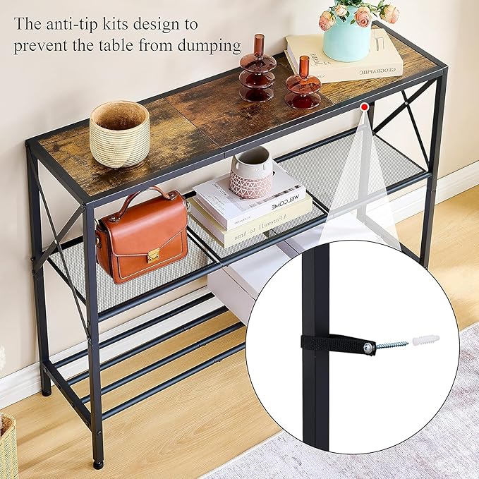 Hoctieon Industrial Console Table, 3 Tier Entryway Table, Hallway Table, Narrow Sofa Table with Shelves, Entrance Table for Entryway, Living Room, Foyer, Hallway, Office, Rustic Brown&Black-Ruum Studio Home