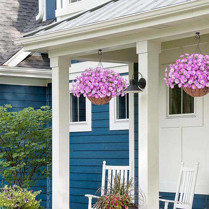 Artificial Faux Hanging Plants Flowers Basket for Outdoor Outside Spring Summer Decoration, Silk Purple Morning Glory in Planter UV Resistant Look Real Fake Flowers for Porch Patio Balcony Home Yard-Ruum Studio Home