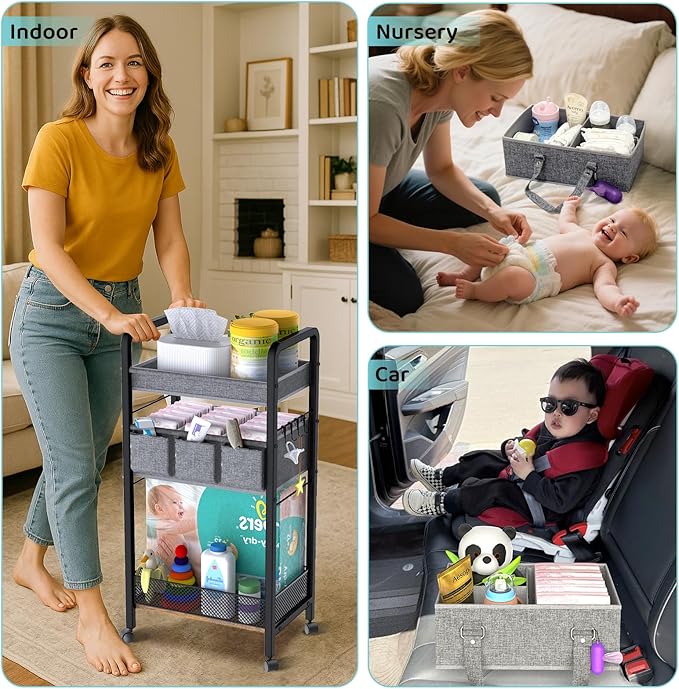 2IN1 Baby Diaper Caddy Organizer-3 Tier Rolling Storage Cart with Dividers - Bedside Diaper Caddy Cart for Baby Nursery Newborn Essentials-Mobile Utility Carts with Wheels for Changing Table-Ruum Studio Home