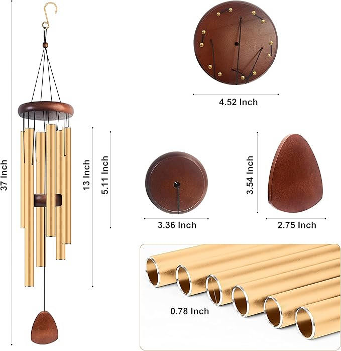 Large Aluminium Wind Chimes 37 Inches to Create a Zen Atmosphere Suitable for Outdoor, Garden, Patio Decoration. Classic Wind Chimes with Wind Catcher Suitable as A Gift for Unisex(Gold)-Ruum Studio Home