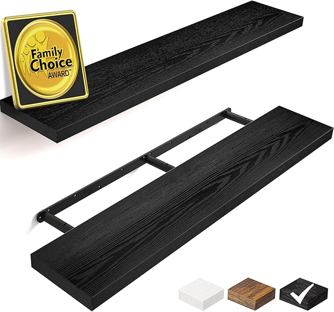 BAYKA Floating Shelves for Wall, 36 inches Long Wall Mounted Rustic Wood Shelves for Bathroom, Bedroom, Living Room, Kitchen, Office, Hanging Shelf for Books/Storage/Decor(Black,Set of 2)-Ruum Studio Home