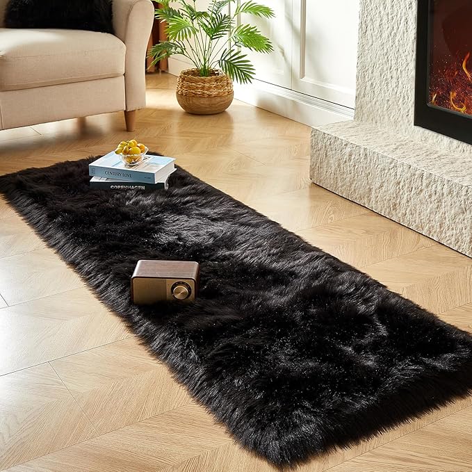AMTOVO Faux Fur Rug, Black Ultra Soft Fluffy Shag Sheepskin Rug, 2 x 6 ft Runner Area Rugs for Bedroom Sofa Throw Cushion Room Decor, Rectangle-Ruum Studio Home