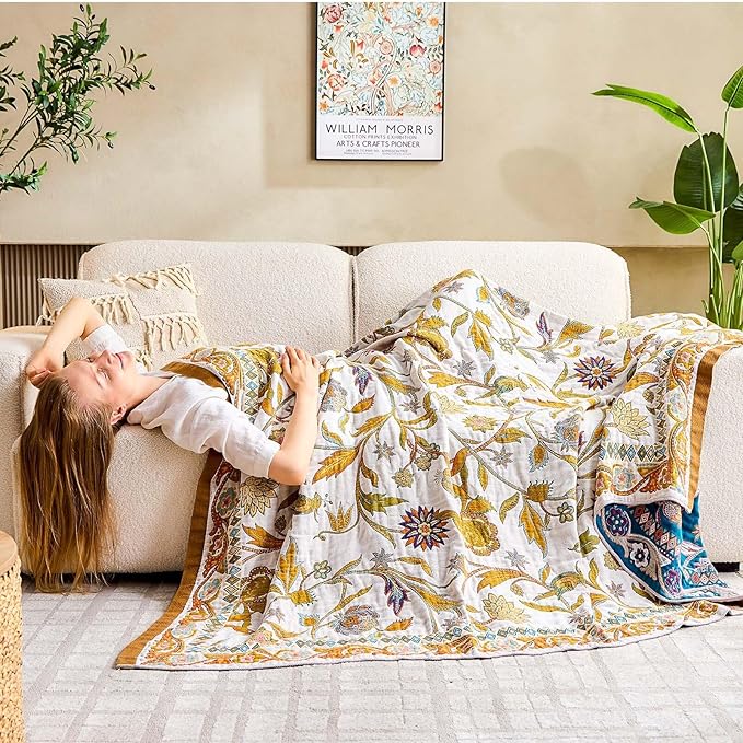 Fall Throw Blanket for Couch, Brown Boho Decorative Throw Blanket, 100% Cotton Muslin Breathable Woven Farmhouse Blankets Quilt, 60"x80" Reversible Lightweight Blankets Bohemian Throw Quilt-Ruum Studio Home