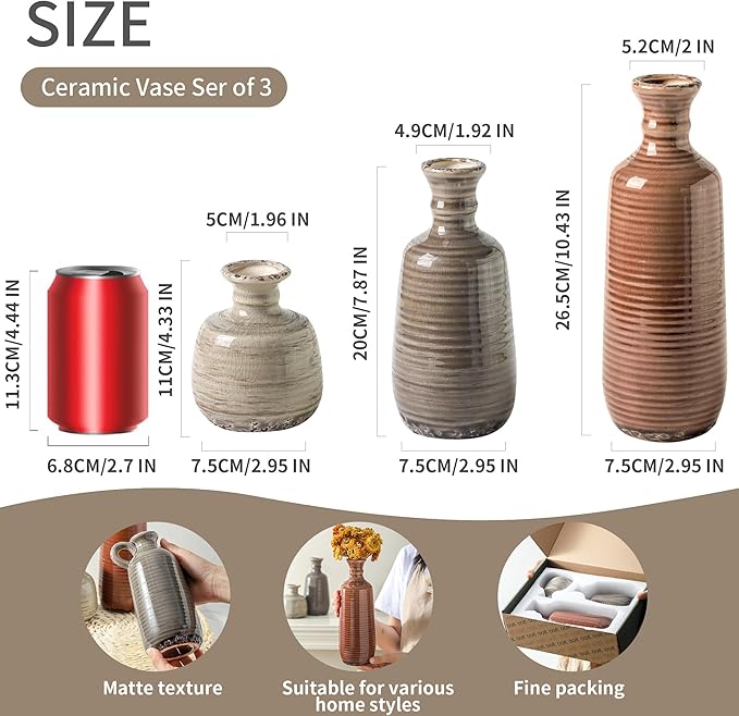 Ceramic Vases Set of 3, Neutral Rustic Farmhouse Vases Home Decor Decorative Flower Vase Modern Boho Pampass Vase for Table Mantel Entryway Shelf Living Room Kitchen Bathroom - Brown-Ruum Studio Home