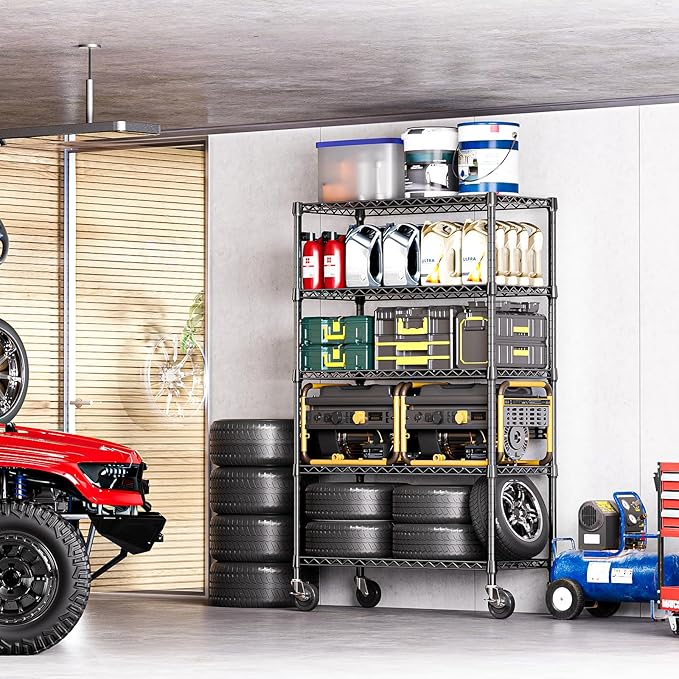 IZEUK 5-Tier Storage Shelving Unit with Wheels, Adjustable Heavy Duty Steel Wire Rack Organizer (Black, 17.7" D x 47.2" W x 76.7" H, 1750 lbs Capacity) for Garage, Kitchen, Office, Laundry, Basement-Ruum Studio Home