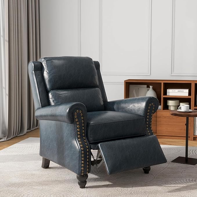 UIXE Pushback Recliner Chair, Faux Leather Armchair Overstuffed Accent Chair for Living Room, Rivet Trim Club Chair Home Theater Single Sofa Bedroom Side Reading Seat - Navy Blue-Ruum Studio Home