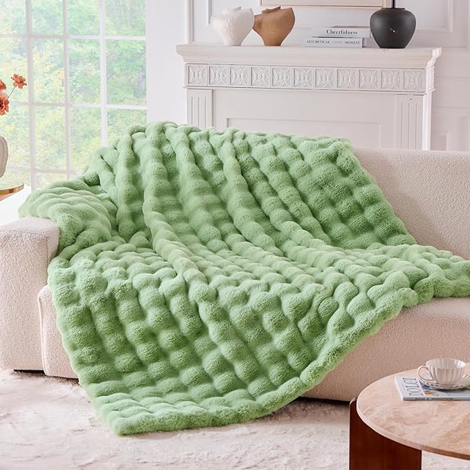 BENVWE Fluffy Faux Fur Throw Blanket for Couch, Soft Plush Thick Cozy Fuzzy Luxury Minky Bubble Blanket for Home Living Room Decor Gift for Women, Sage Green, 63" x 80", 1100GSM-Ruum Studio Home