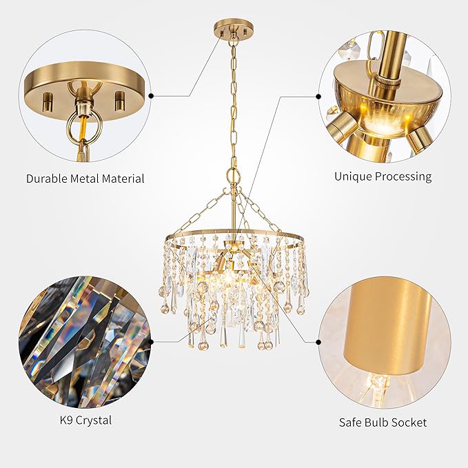 3-Lights K9 Crystal Chandeliers, Luxury Vintage Pendant Light Fixture for Dining Room, Living Room, D15*H20.4~66.8 inch (Adjustable), Clear Crystal & Gold Finish-Ruum Studio Home