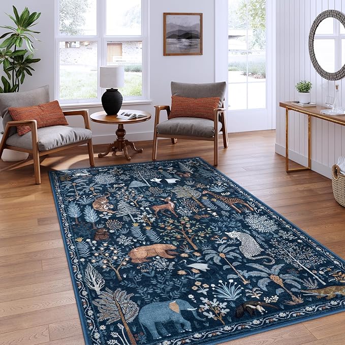 OJIA Jungle Print Blue 5x7 Rugs for Living Room, Soft Ultra-Thin Washable Area Rugs for Bedroom Non-Slip Modern Entryway Rug Non Shedding Indoor Carpet Kids Rugs for Playroom Nursery Classroom-Ruum Studio Home