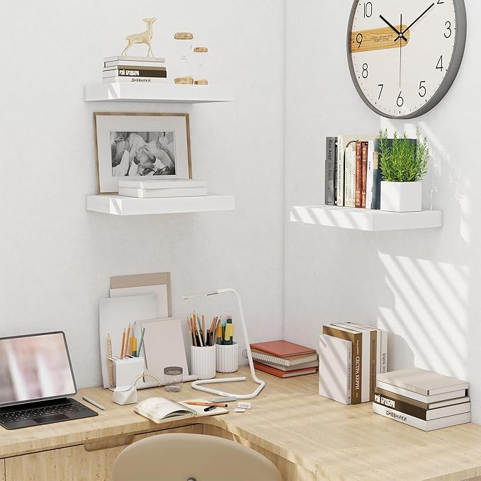 Fun Memories Wood Floating Shelves 16 Inch, 10 Inch Deep Shelves Wall Mount, Wall Shelves with Invisible Bracket, 16" Floating Shelves for Living Room Bathroom Bedroom, White, Set of 2-Ruum Studio Home