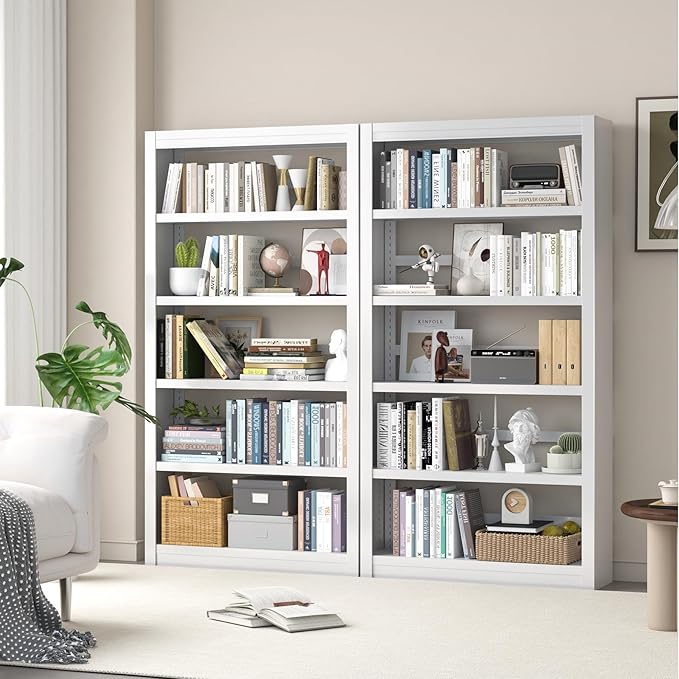 Metal Bookshelf Adjustable - 61" Tall White Bookcase, 5 Tier Book Shelf, Tooless Assembly Book Case, Modern Bookshelves and Bookcases for Home Office, Living Room, Bedroom, Study, Library-Ruum Studio Home