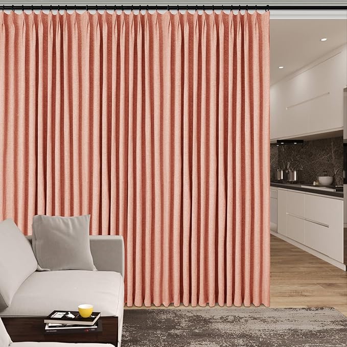 70" W x 108" L Faux Linen Room Divider Curtains, Full Blackout Pinch Pleated Drapes for Traverse Rod, Bedroom Divider Privacy Drapery with Hooks for Ceiling Track, 1 Panel, Orange-Ruum Studio Home