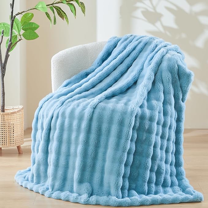 NEWCOSPLAY Faux Fur Throw Blanket Blue Bubble Blanket Thick Warm Soft for Couch Sofa Bed 550GSM (Blue, Throw(50"x60"))-Ruum Studio Home