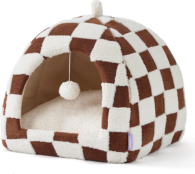 Lesure Cute Cat Beds for Indoor Cats - 2 in 1 Cat Cave Bed for Large Cats, House with Removable Washable Cushioned Pillow, Cozy Tent House with Non-Slip Bottom, Brown, 17.3 inches-Ruum Studio Home