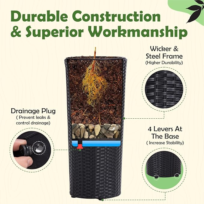 IDZO All Weather Wicker Planters for Outdoor Plants Set of 2, 24 inch Tall Black Planter for Front Porch, Patio, Balcony, Indoor Usage - Round Rattan Flower Pots-Ruum Studio Home