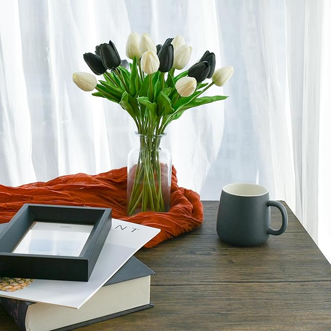 Mandy's Artificial Tulips 20 Stems Black and White PU Faux Flowers for Wedding Home Decor 13.5 Inch-Ruum Studio Home