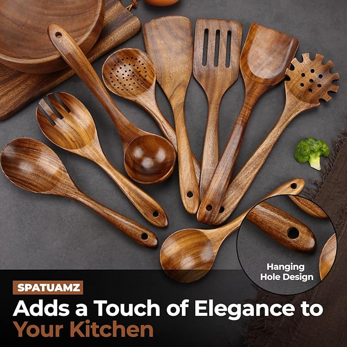 SPATUAMZ Natural Kitchen Utensils Set Wooden, Teak Wooden Spoons for Cooking, Wooden Utensils Set of 9 for Any Kitchen-Ruum Studio Home