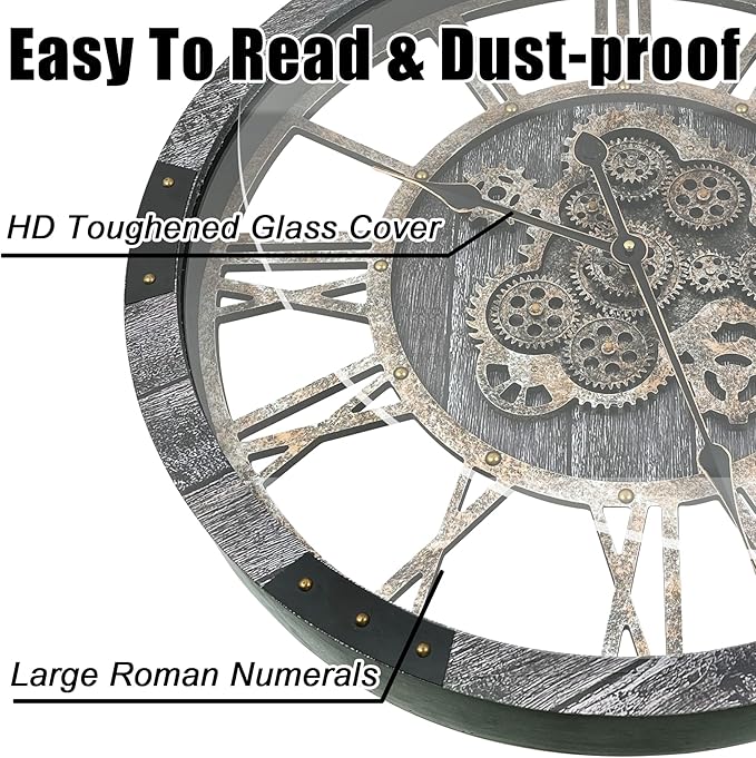 DORBOKER 24" Large Wall Clock with Moving Gears,Oversize Vintage Industrial Rustic Farmhouse Clocks for Living Room Decor Office Home,Solid Wood HD Tempered Glass Cover,Carbon Grey-Ruum Studio Home