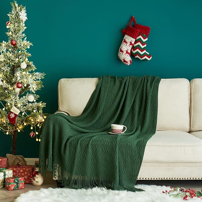 MIULEE Dark Green Knitted Throw Blanket for Couch Boho Textured Cozy Woven Blanket with Tassels for Sofa Chair Bed Living Room Acrylic Wave Pattern 50"x60"-Ruum Studio Home
