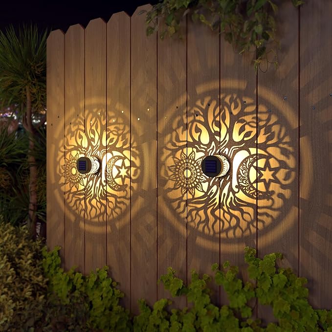 2 Pack Solar Fence Lights Metal Solar Powered Outdoor Wall Deck Step Lights Tree Theme Waterproof Fence Light for Garden Post Patio Backyard Yard Decor (Tree, 2 Pack)-Ruum Studio Home