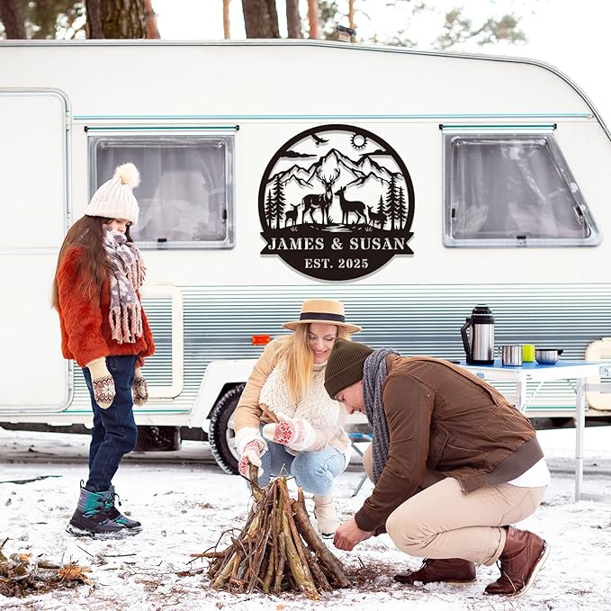 Personalized Rustic Metal Deer Cabin Sign, Outdoor Welcome Sign for Front Porch, Great Custom Metal Name Sign Gift for Hunters, Farmhouse Cabin Decor-Ruum Studio Home