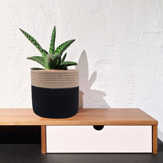 Woven Cotton Rope Plant Basket for 6" Flower Pot Floor Indoor Planters Flower Pot,Home Decor Storage Organizer H6 3/4" x W6 1/2" Black&Brown-Ruum Studio Home