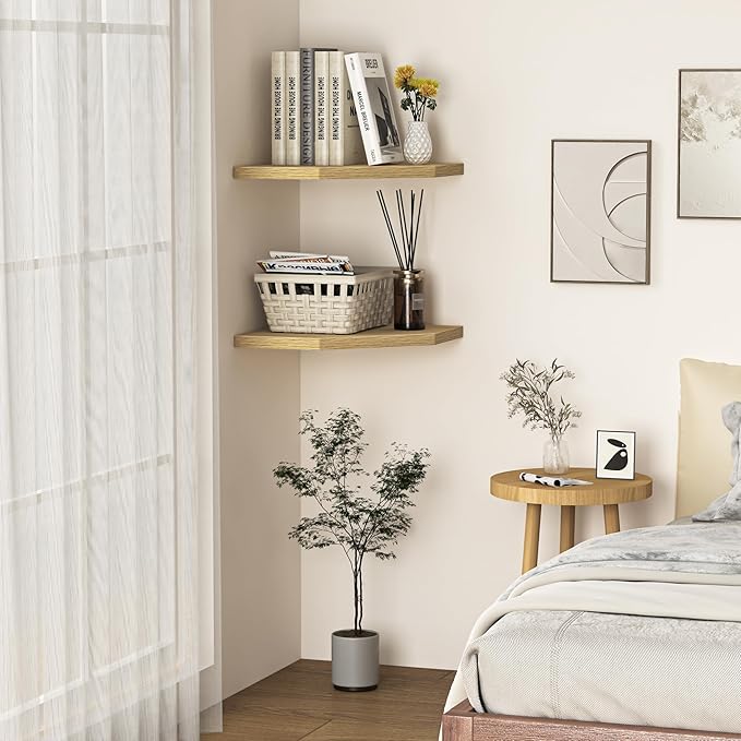 Corner Shelf Wall Mount, Corner Floating Shelves, Set of 4 Corner Wall Shelf Organizer, Rustic Wood Wall Storage Display Shelves for Living Room Bedroom Bathroom Kitchen, Oak-Ruum Studio Home