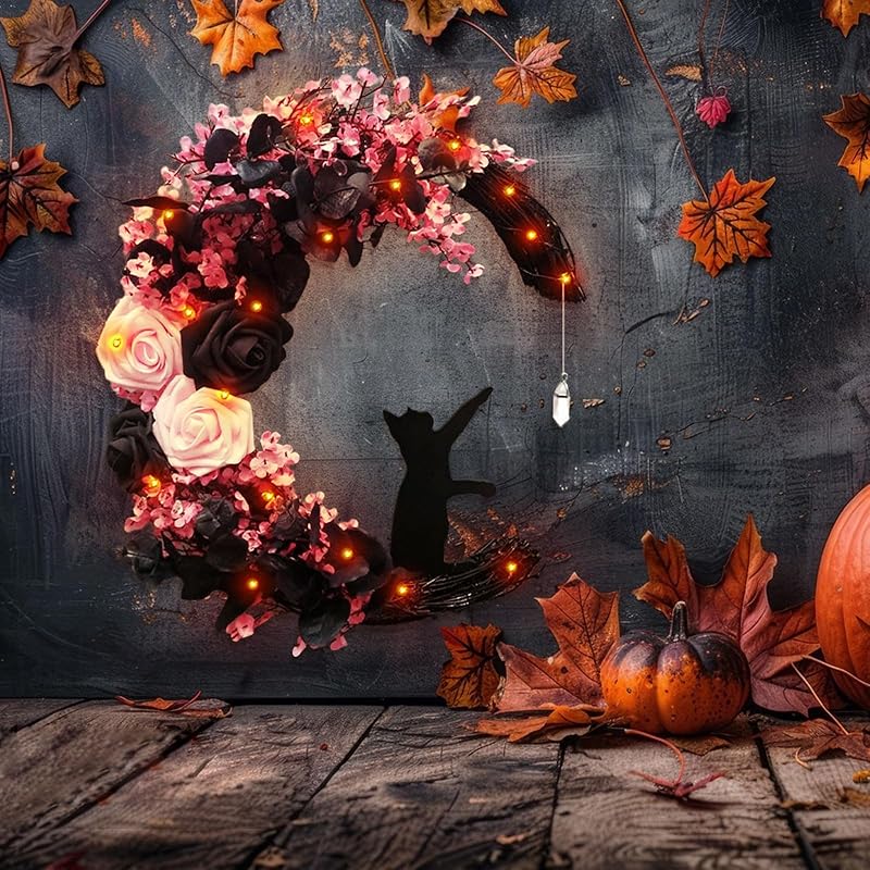 Halloween Wreaths for Front Door with Lights, Black Cat on Moon Garland with Rose Wreath Decor, Halloween Decorations Crescent Moon Wreath for Home Party Window Wall Indoor Outdoor (pink moon cat)-Ruum Studio Home