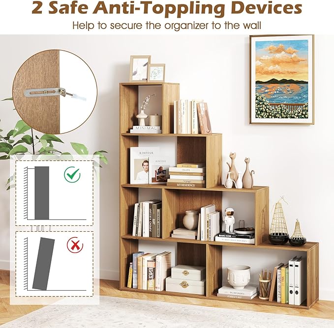 Tangkula 4-Tier Stepped Bookshelf, Freestanding 6 Cubes Ladder Bookcase with Anti-Tipping Kits, 64" Tall Modern Wooden Storage Display Rack for Home Office Living Room Study (1, Natural)-Ruum Studio Home