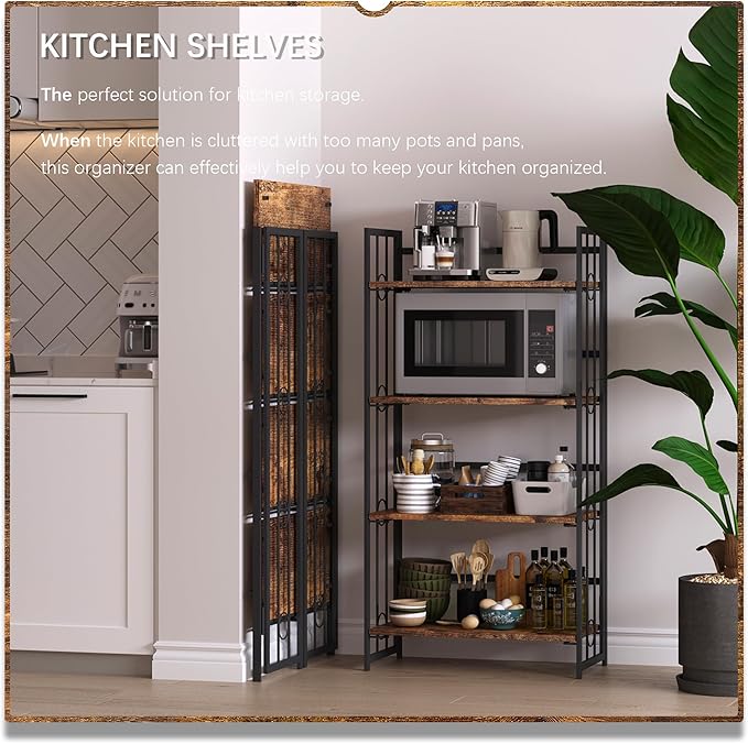 4NM No Assembly 4 Tiers Folding Bookshelf, 47.2" H Foldable Storage Shelves Vintage Bookcase Standing Racks Study Organizer Home Office - Rustic Brown Black-Ruum Studio Home