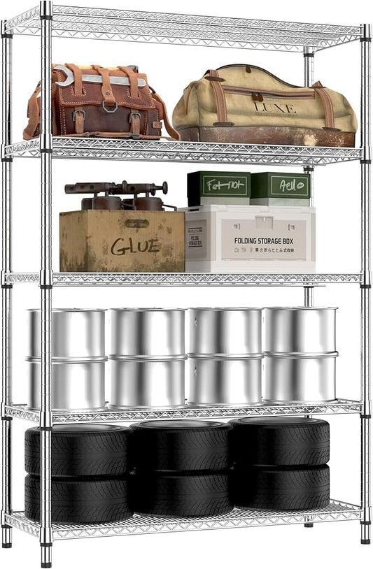 IZEUK 4250 LBS Garage Shelving Wide Storage Shelves 5 Tier Metal Shelves Heavy Duty Adjustable Utility Shelf Rack Chrome 17.7" D x 47.2" W x 70.4" H-Ruum Studio Home