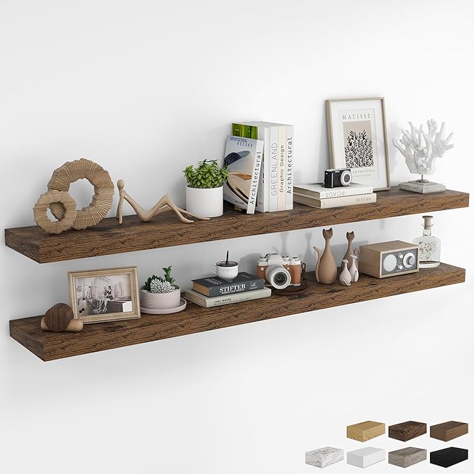 RICHFOCUS 72Inch Floating Shelves for Wall 2 Pack Shelves for Bedroom|Kitchen|Bathroom Wall Mounted Rustic Wood Floating Shelf with Invisible Brackets for Books|Storage|Decor, Rustic Brown-Ruum Studio Home