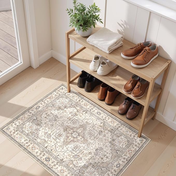 Washable Area Rugs for Living Room -2x3 Neutral Vintage Distressed Floral Farmhouse Boho Large Soft Floor Rug Indoor Non Slip Carpet for Bedroom Dining Room Office - Brown/Multi-Ruum Studio Home