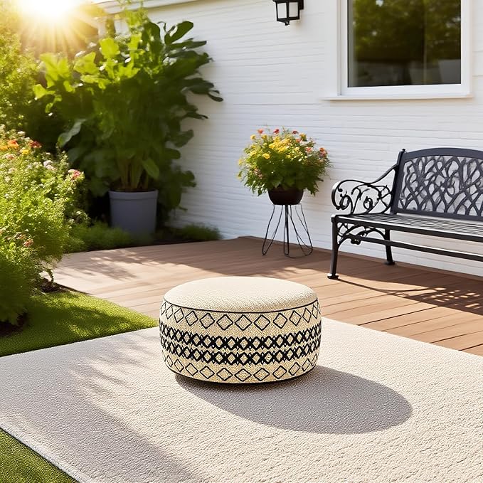 Outdoor Inflatable Ottoman with Air Pump, Embroidery Patio Footrest Stool D21”x H9”, Round Pouf Ottoman with Portable Handle Suitable for Garden, Camping, Bedroom, Living Room-Ruum Studio Home