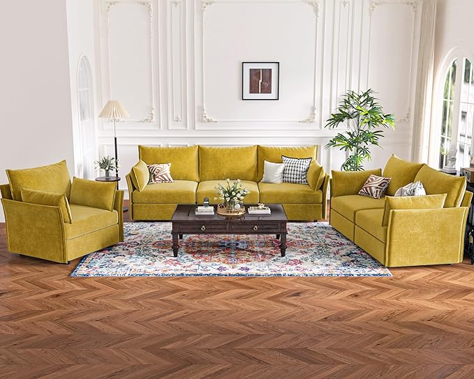 102.6" Modular Sectional Sofa, Oversized 3-Seater Couch with Removable Yellow Chenille Fabric Cover, Deep Seat & High Backrest for Living Room, Office & Apartment-Ruum Studio Home