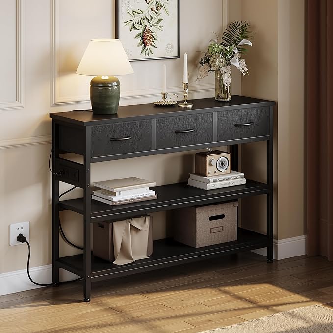 Lulive 2 Pack Entryway Table with Power Outlets, Console Table with 3 Fabric Drawers, Sofa Table for Living Room, Hallway, Couch, Foyer, Height Adjustable-Ruum Studio Home
