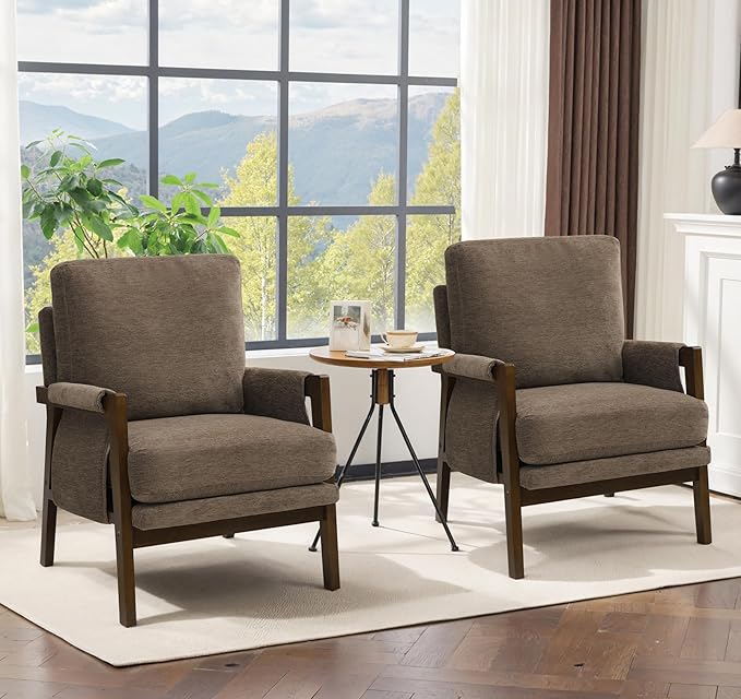 Modern Accent Chairs Set of 2 for Living Room Mid Century Arm Chairs Upholstered Bedroom Chairs Comfy Lounge Chairs with Solid Wood Frame, Dark Brown-Ruum Studio Home