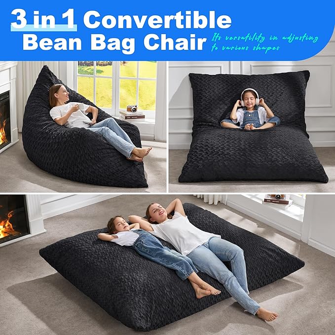 Hobestluk 3 in 1 Bean Bag Chair Giant Bean Bag Chairs for Adults with Chevron Plush Fur Cover Convertible Bean Bag Floor Cushion with Machine Washable Cover for Living Room (Chevron Plush Black)-Ruum Studio Home