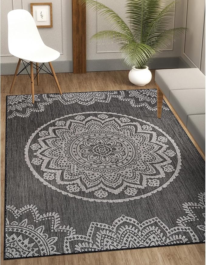 CAMILSON Outdoor Rug 5x7 Modern Area Rugs for Indoor and Outdoor Patios and Porches - Waterproof Washable Non-Shedding Easy-to-Clean Outside Carpet (5 x 7, Medallion - Dark Grey/Light Grey)-Ruum Studio Home