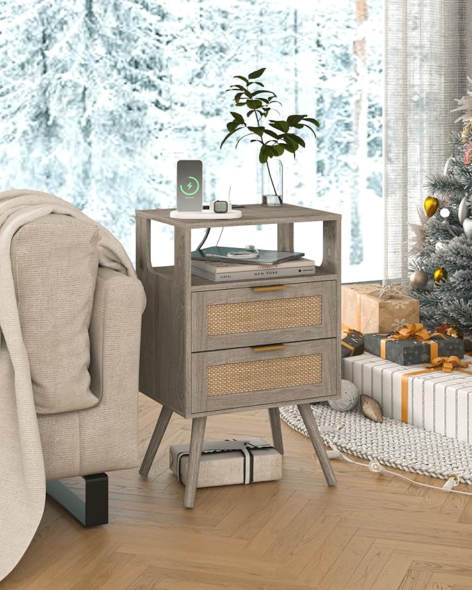 Rattan Nightstand with Charging Station,Modern Bedside Table with 2 Storage Drawer and Open Wood Shelf, for Bedroom and Small Spaces,Night Stand with Solid Wood Legs (Grey Oak)-Ruum Studio Home