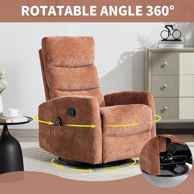 Manual Swivel Rocker Recliner Chair for Adults, Overstuffed Reclining Glider Chair for Nursing with Vibration Massage & Heat, Living Room Rocking Recliner 3-Stage backrest, Chenille Fabric Orange-Ruum Studio Home