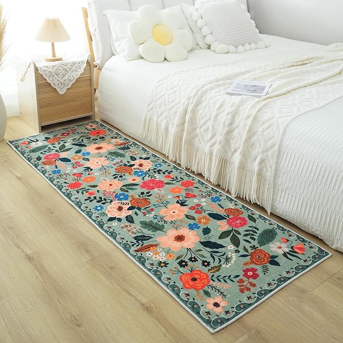Runner Rug for Hallways Kitchen Rug Non Slip 2'6''x8' Washable Runner Rugs with Rubber Backing Soft Floral Carpet Runner for Hallways, Kitchen, Laundry, Bedroom, Bathroom(Green)-Ruum Studio Home